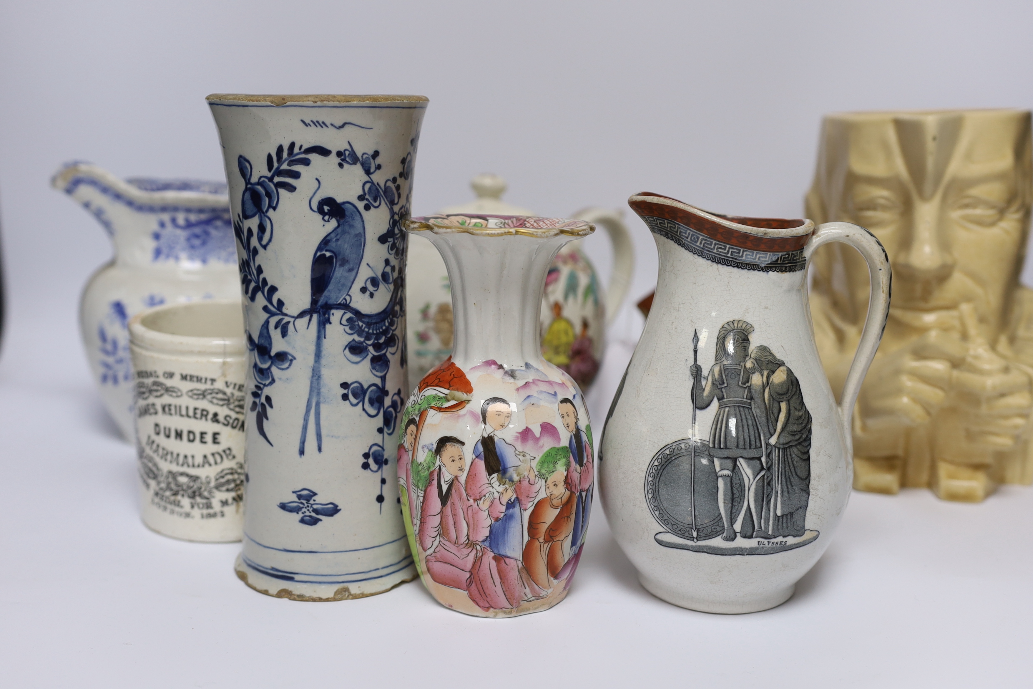 A mixed collection of porcelain to include a pair of transfer printed blue and white verse plates, Masons, Delft etc